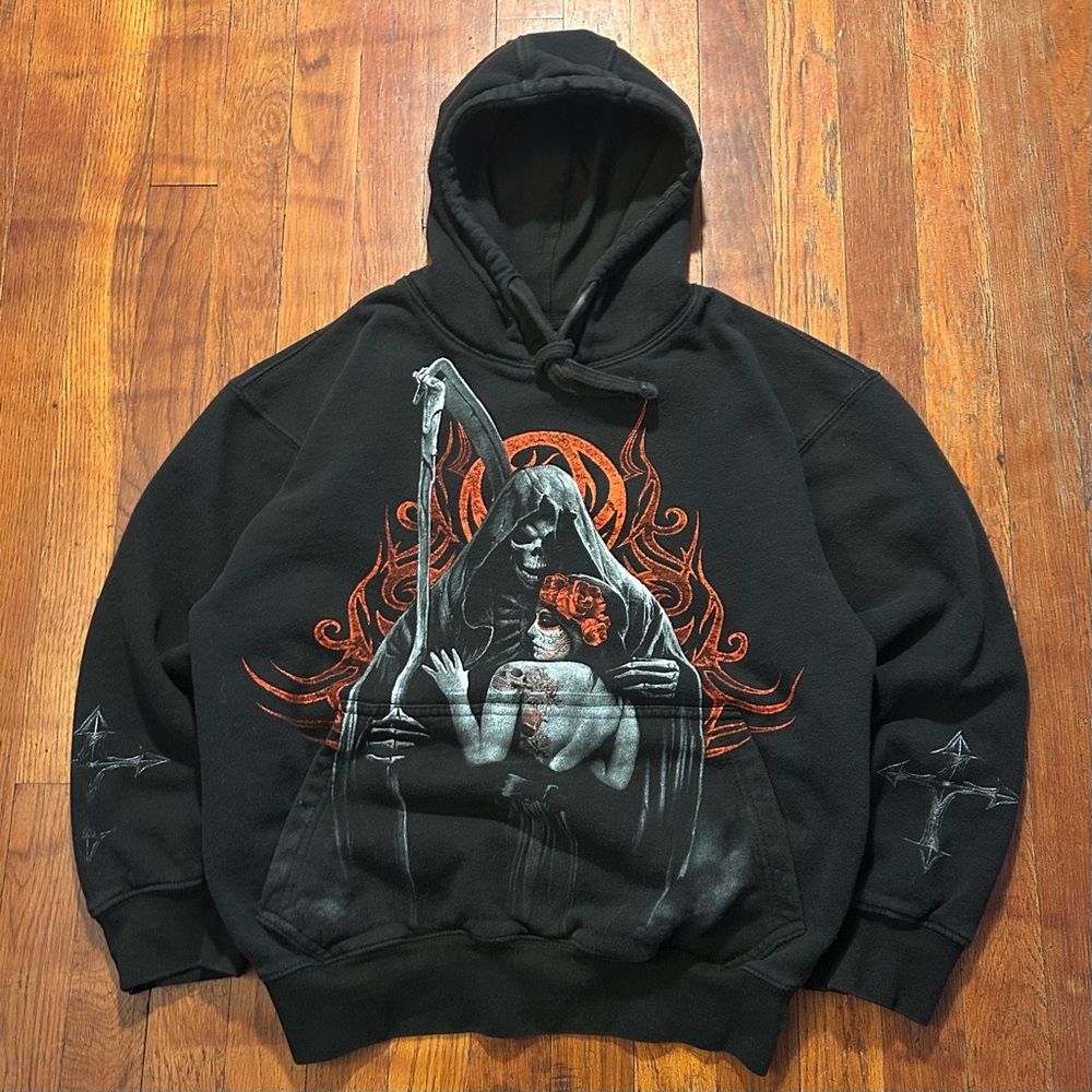 Vintage Y2K Grim Reaper Dia de Muertos Skull Grunge AOP Black Hoodie Sweatshirt